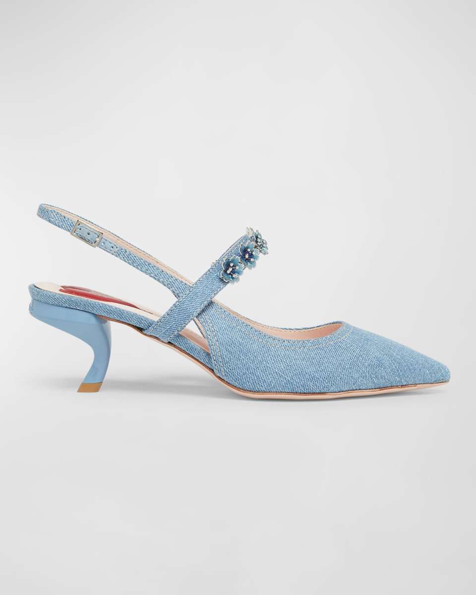 Virgule Flower Slingback Denim Pumps